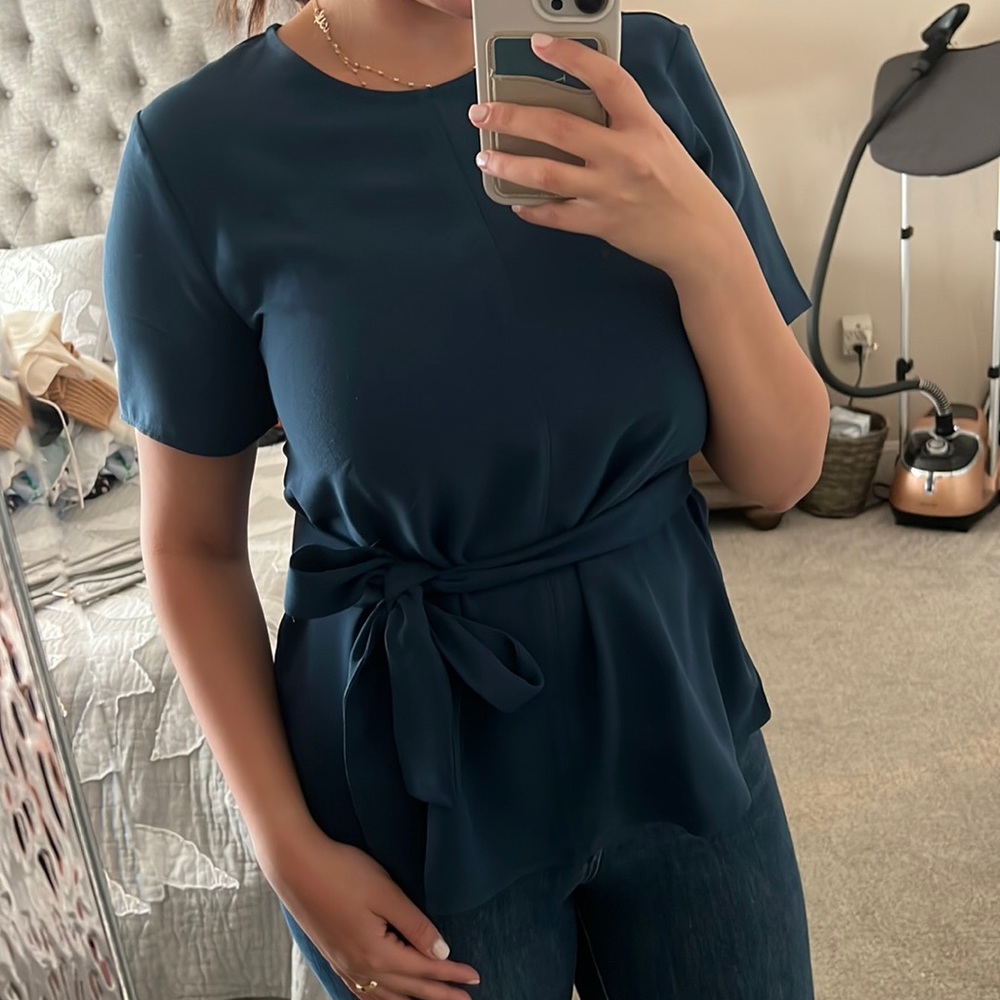 ANN TAYLOR Blue Tie-Waist Short-Sleeve Blouse - Size M